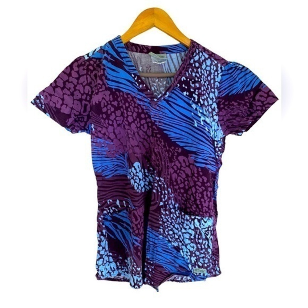 Grey’s Anatomy women’s medical scrub top blue and purple abstract design XS